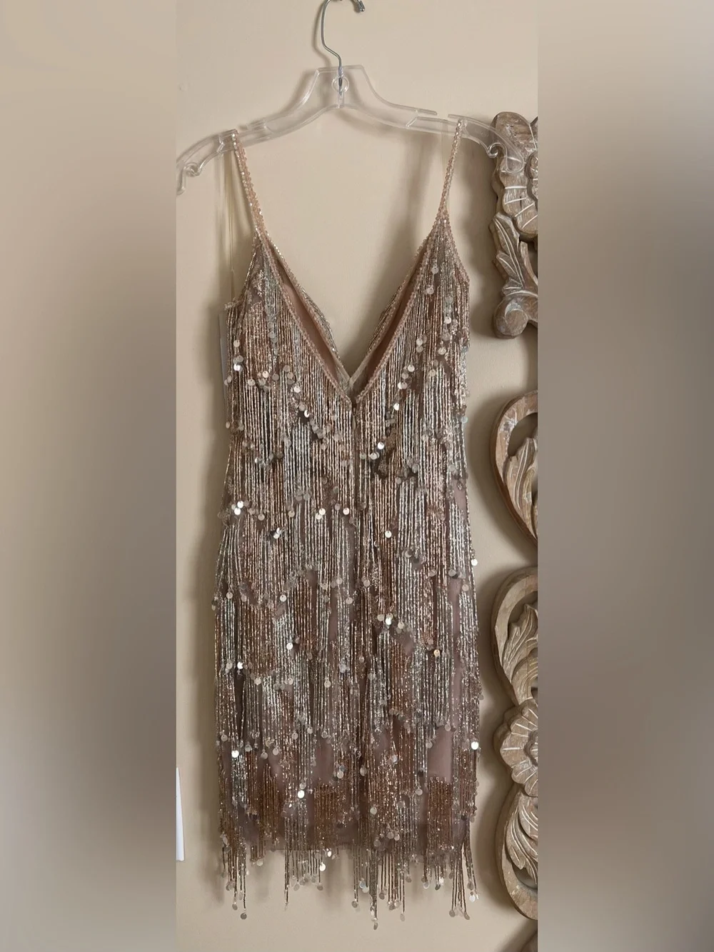 Beaded Fringe Sequin Cocktail Dress - Gold and Blush - Picture 2 of 4